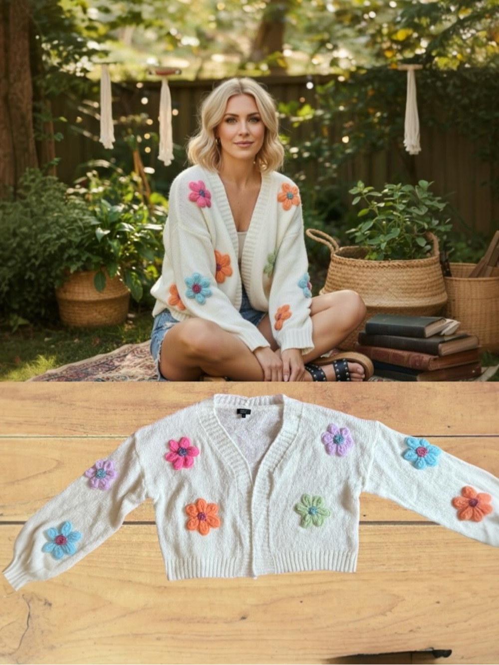 Dreamers by Debut Cropped Flower Power 3D Knit Ivory Cardigan NWOT